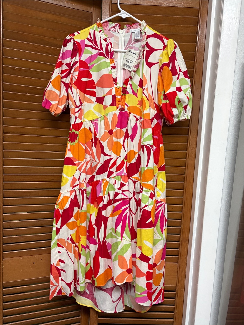 London Times Floral Tiered Midi Dress — Red, Orange, Yellow, Pink, Green